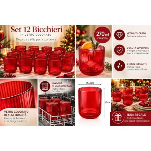 Cecaro Group set bicchieri rossi rigati vetro 270 ml 12 pezzi