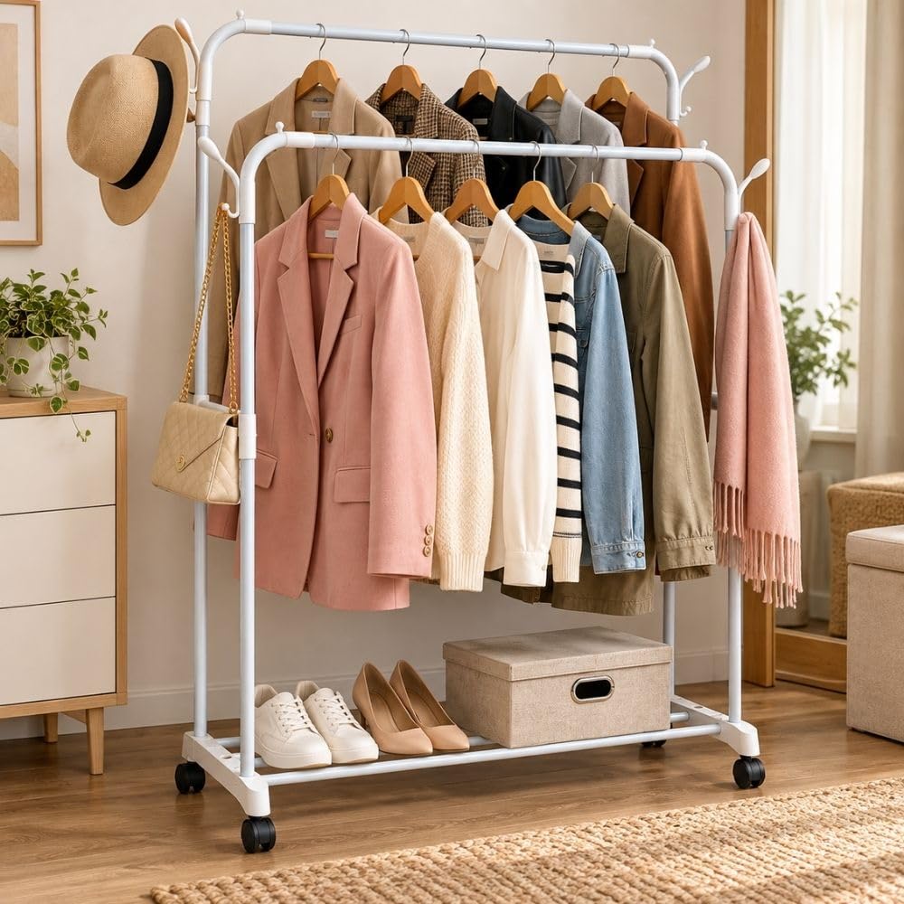 Cecaro Group Doppio stand appendiabiti bianco 2 aste con ruote