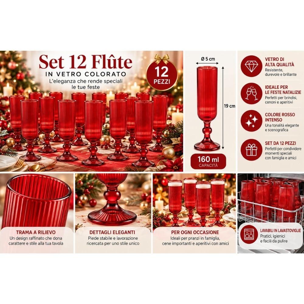 Cecaro Group Rossi Rigati Flute Vetro 160 ml Set 12 Pezzi