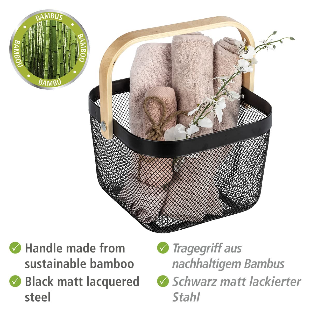 Wenko Bambusa Cesto Bagno Nero 25x17 cm Manico Bambù