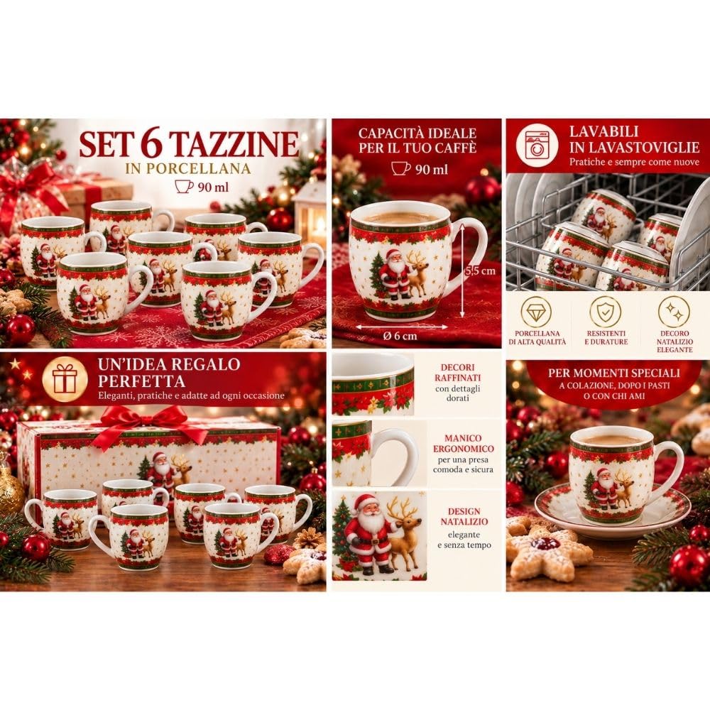 Cecaro Group Set 6 Tazzine Renna Babbo Natale 90 ml Porcellana