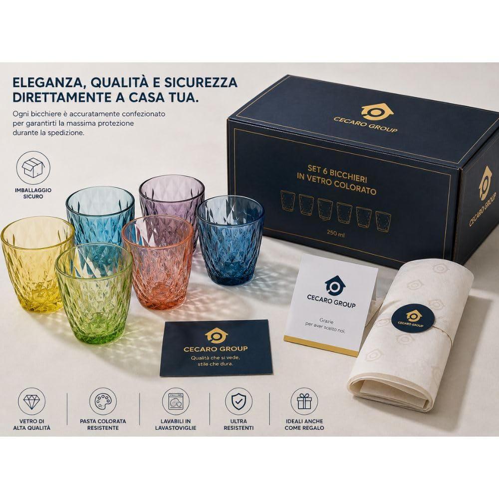 Cecaro Group Diamante Set 6 bicchieri 250 ml colorati