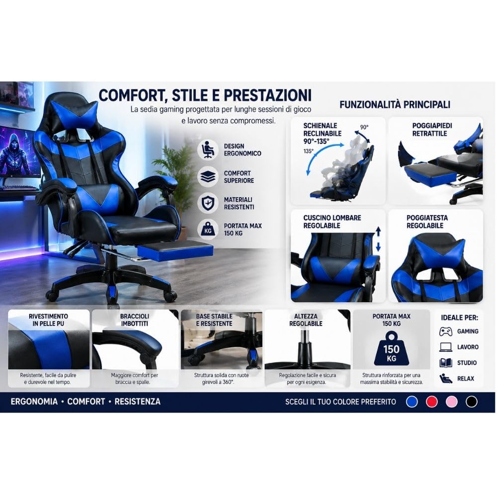 Cecaro Group Sedia Gaming Rosso Nero Reclinabile 150 kg