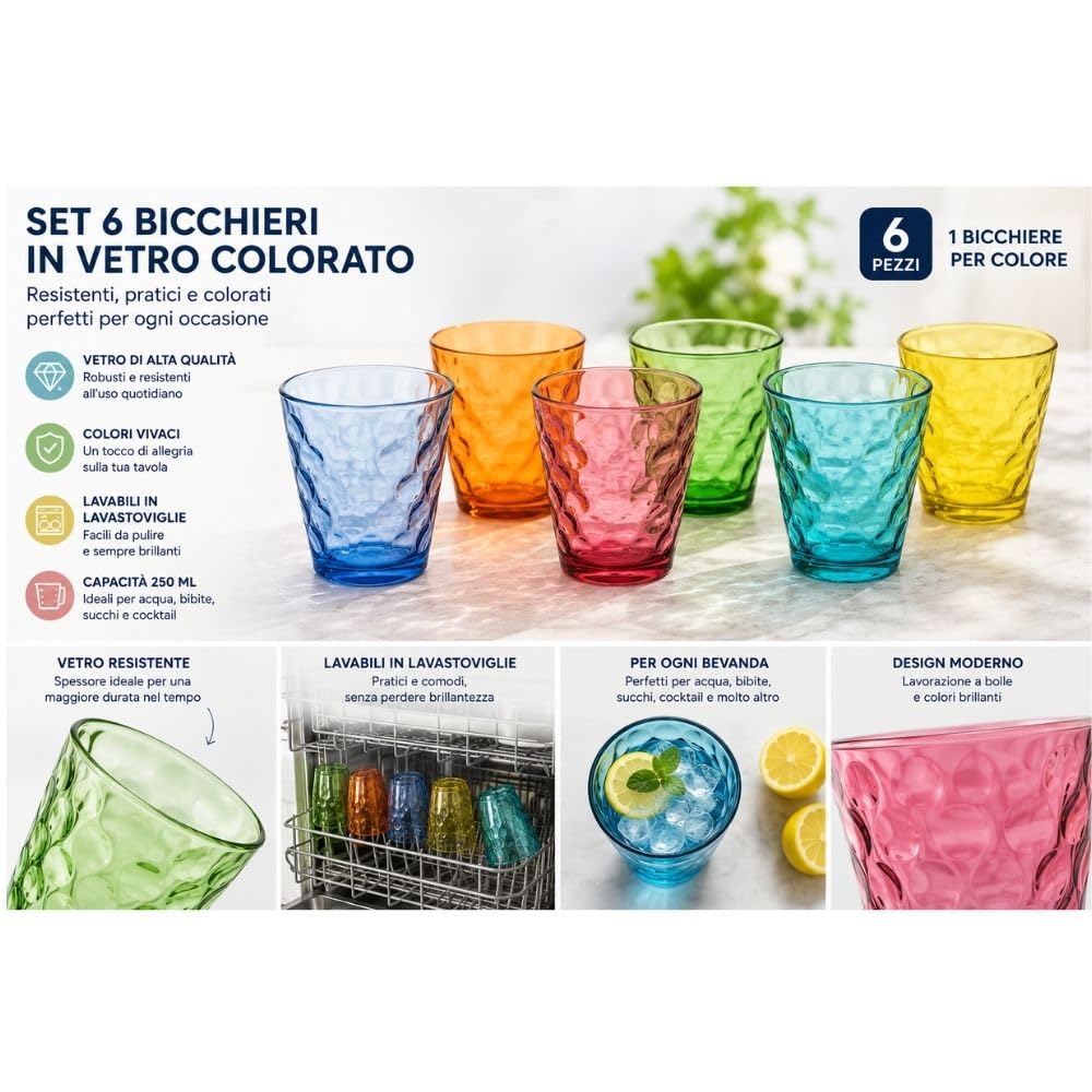 Cecaro Group Set 6 Bicchieri 250 ml Vetro Colorato Bolle