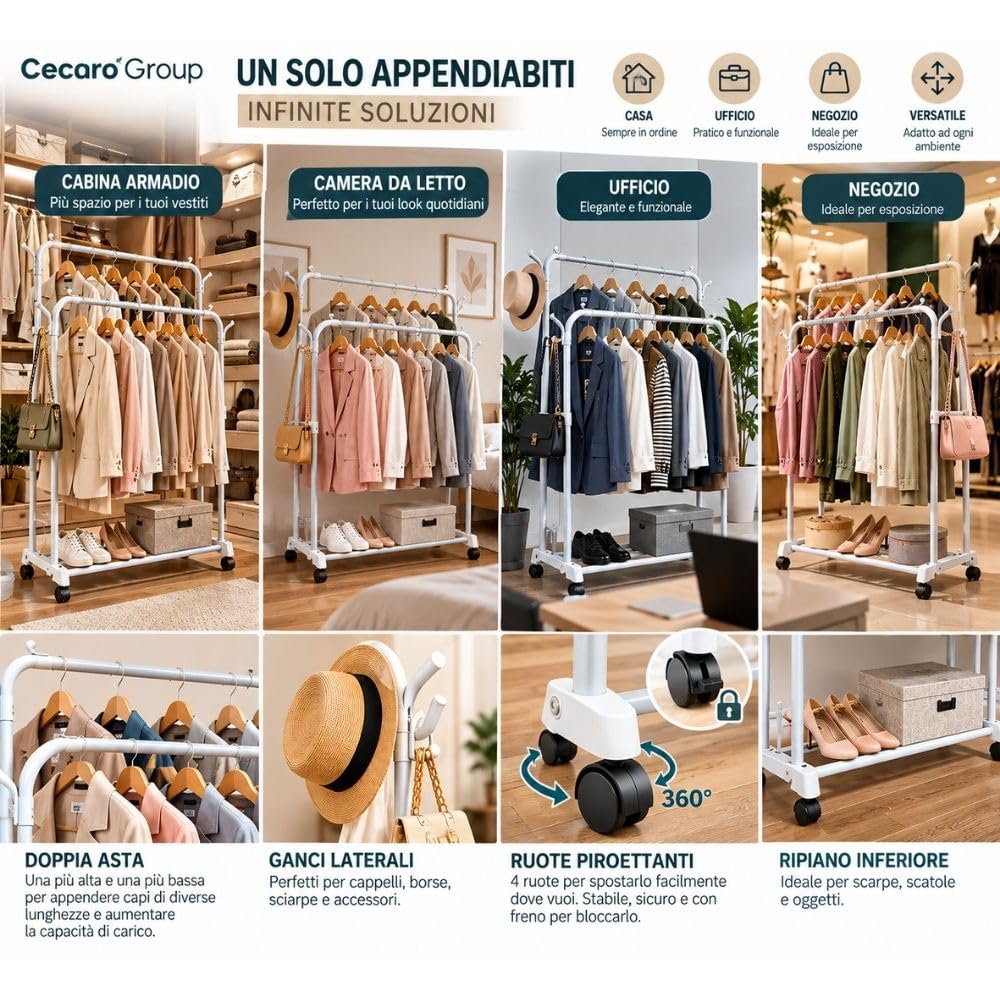 Cecaro Group Doppio stand appendiabiti bianco 2 aste con ruote