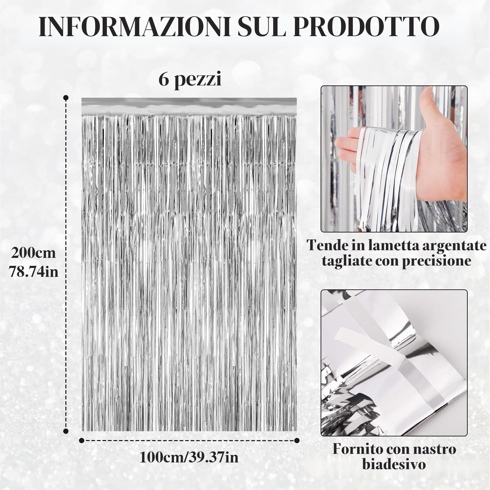 Quelcc Tenda Metallica Frange Argento 6 Pezzi 1x2 m