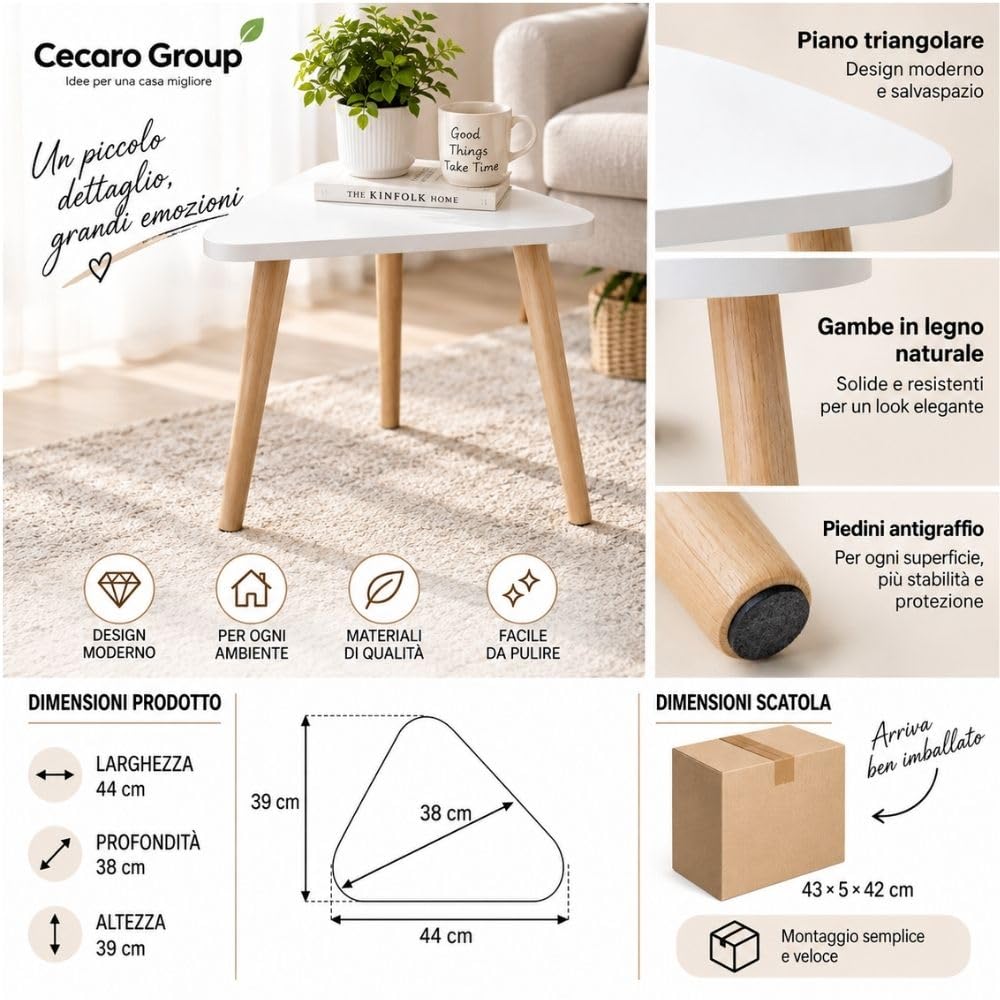 Cecaro Group tavolino triangolare bianco 44x38x39 cm 20 kg