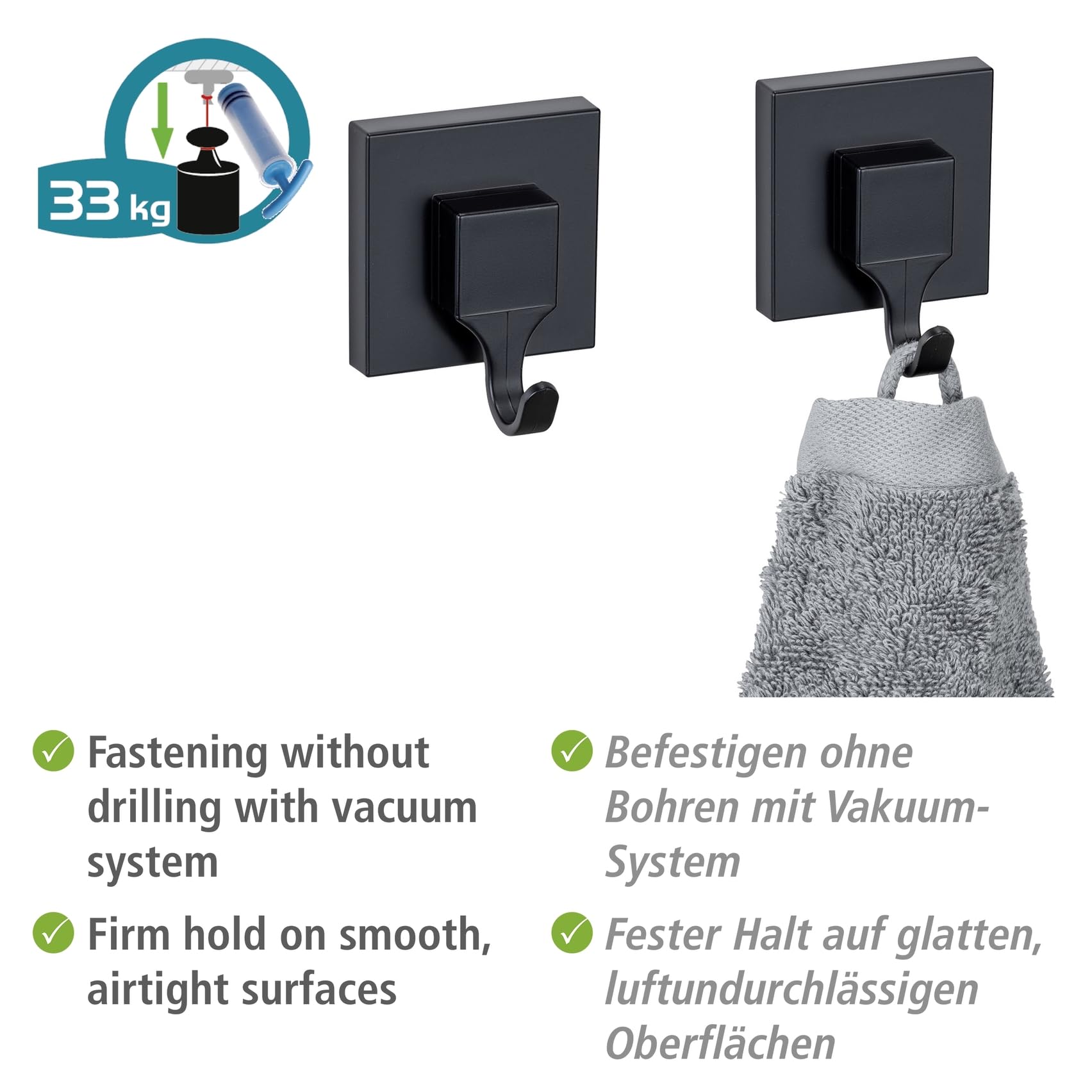 Wenko Vacuum-Loc Quadro ganci parete neri 2 pezzi senza forare