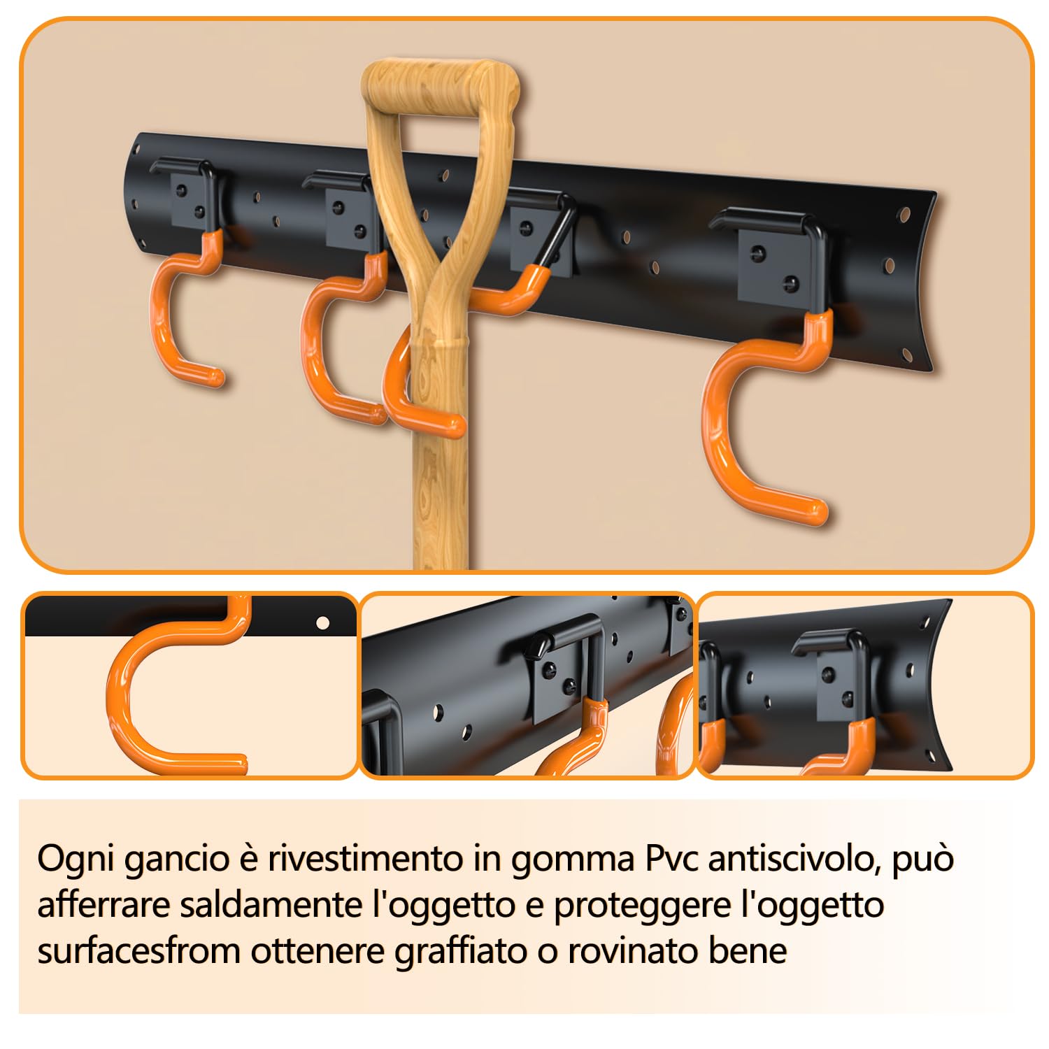 3-H porta attrezzi parete 4 pezzi 168 cm acciaio 16 ganci