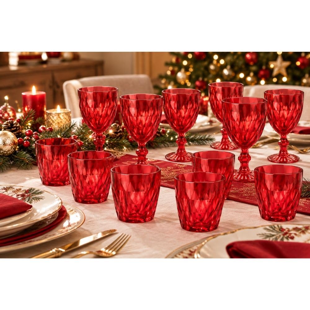 Cecaro Group Set Bicchieri Rossi Diamante 12 Pezzi Vetro