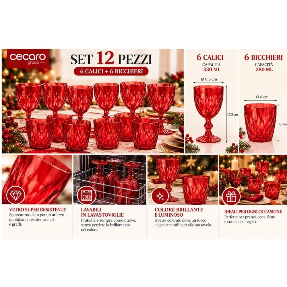 Cecaro Group Set Bicchieri Rossi Diamante 12 Pezzi Vetro