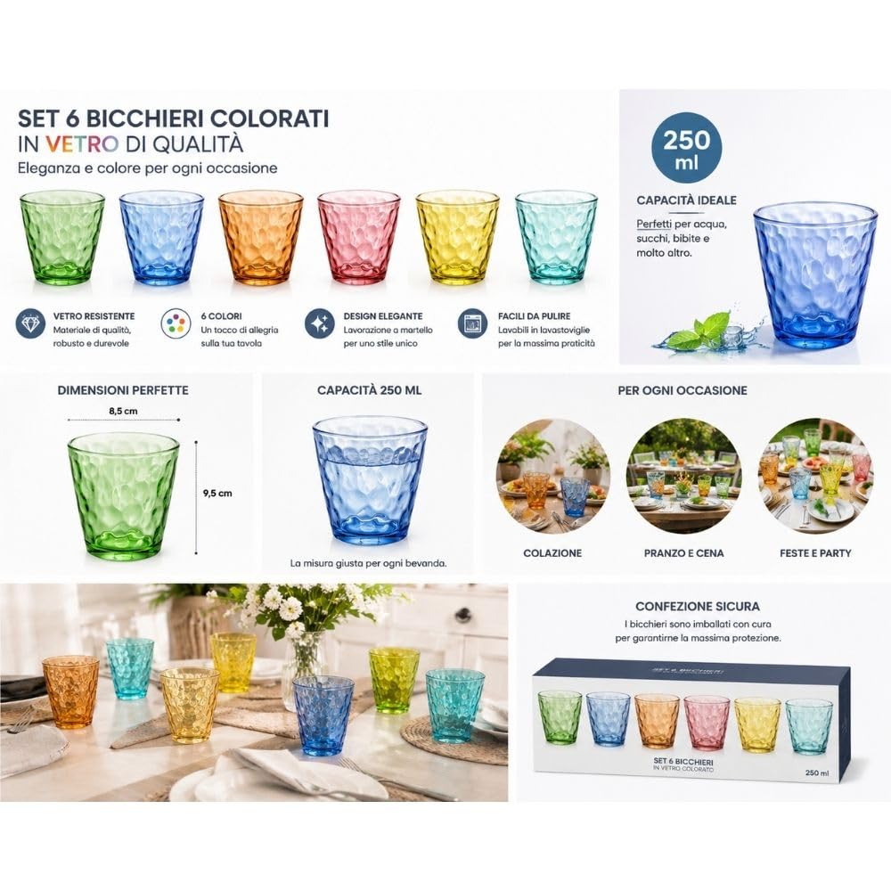 Cecaro Group Set 6 Bicchieri Vetro Colorato 250 ml Martellato
