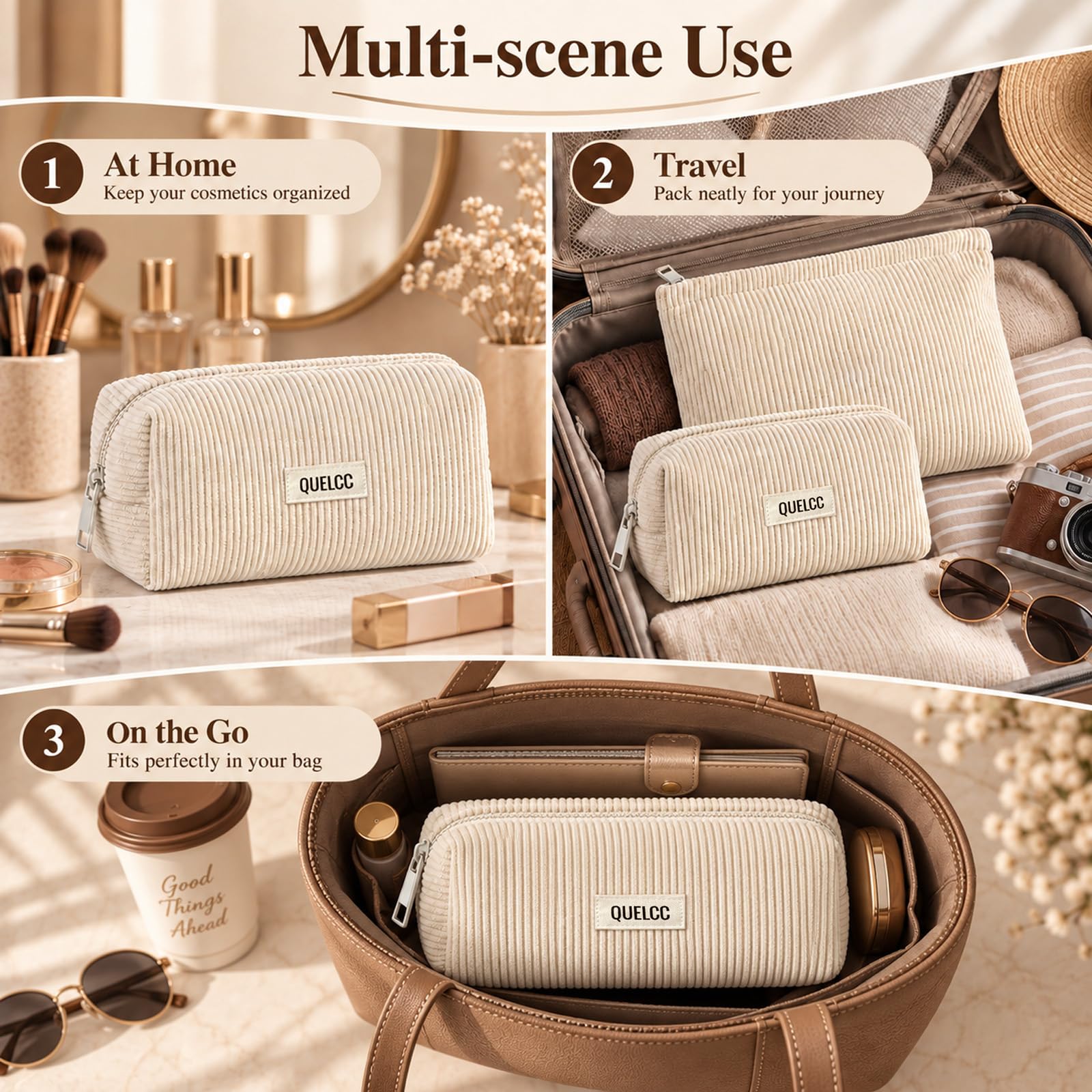 Quelcc Beauty Case Donna 3 Pezzi Beige con Cerniera