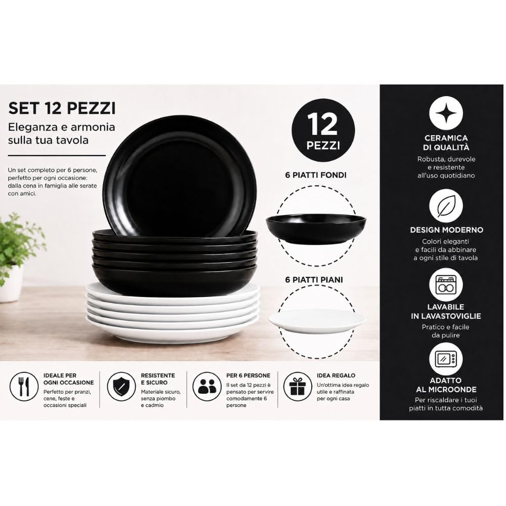Cecaro Group Servizio Piatti 12 Pezzi Bianco Nero
