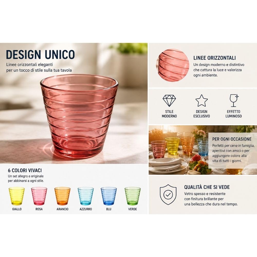Cecaro Group Set 6 Bicchieri Vetro Colorato 250 ml Righe