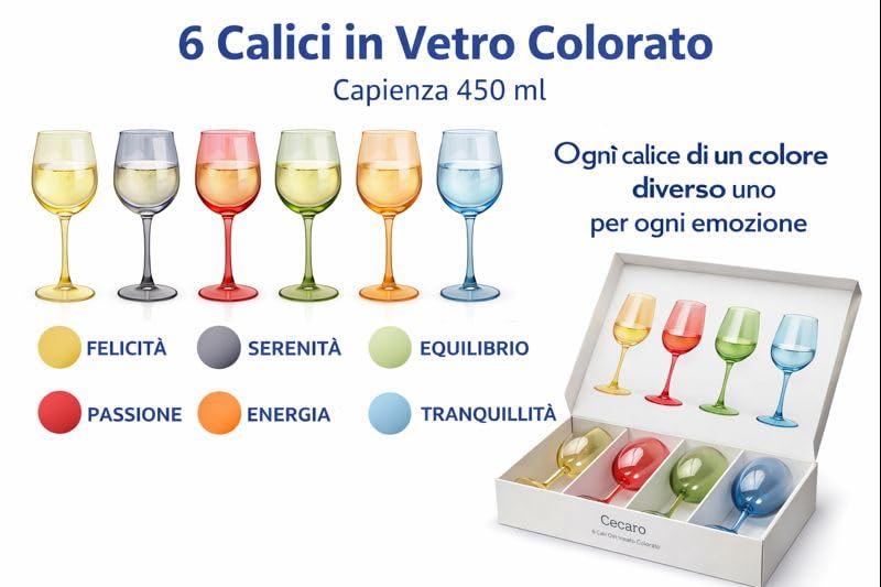 Cecaro Group Calici multicolor vetro set 6 pezzi 350 ml