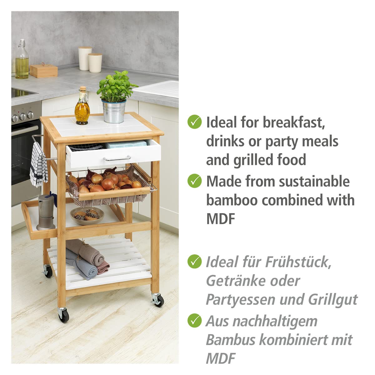 Wenko Finja Carrello Bambù Bianco Multiuso da Cucina e Bagno