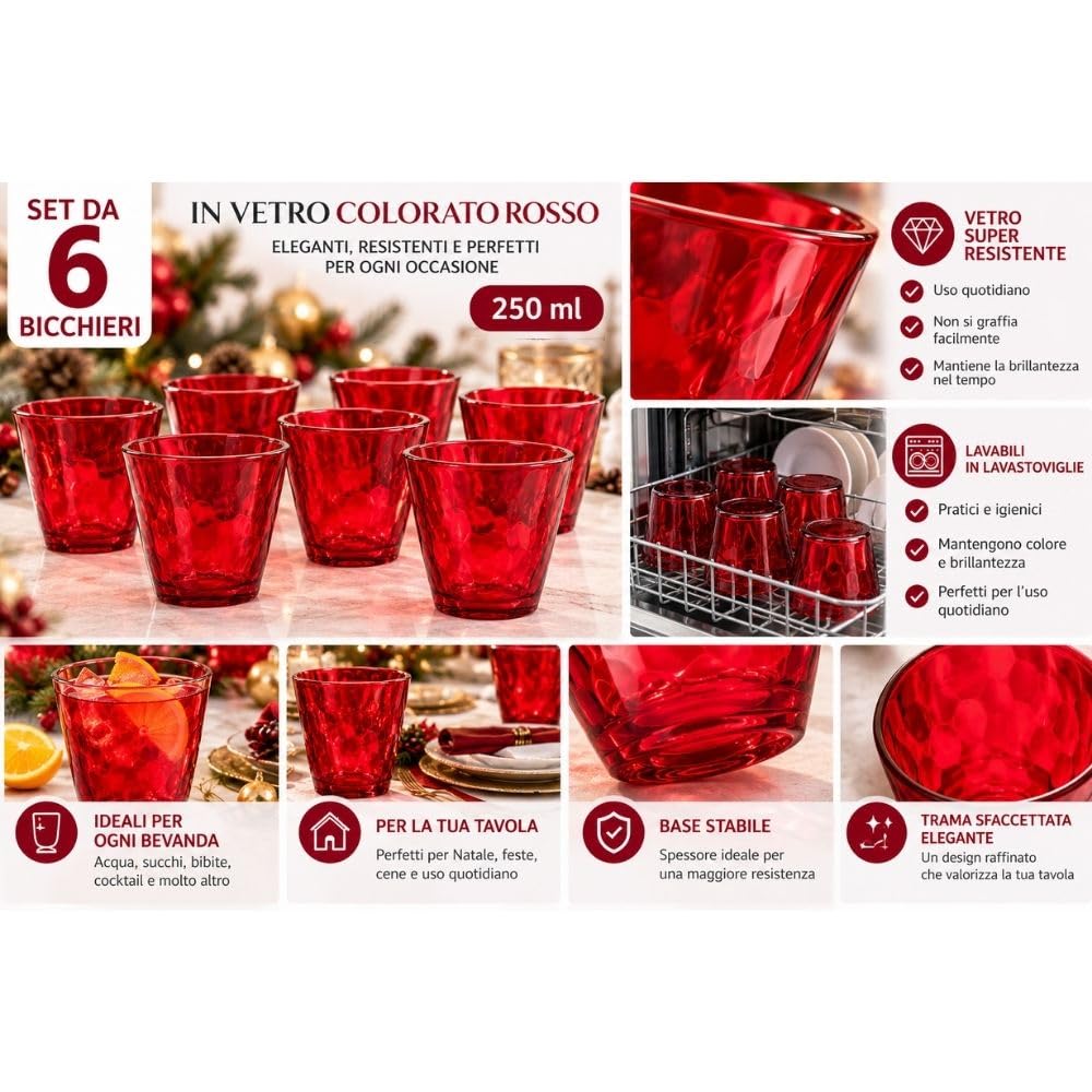 Cecaro Group Duesse 198 Bicchieri Rossi Vetro 250 ml 12 Pezzi