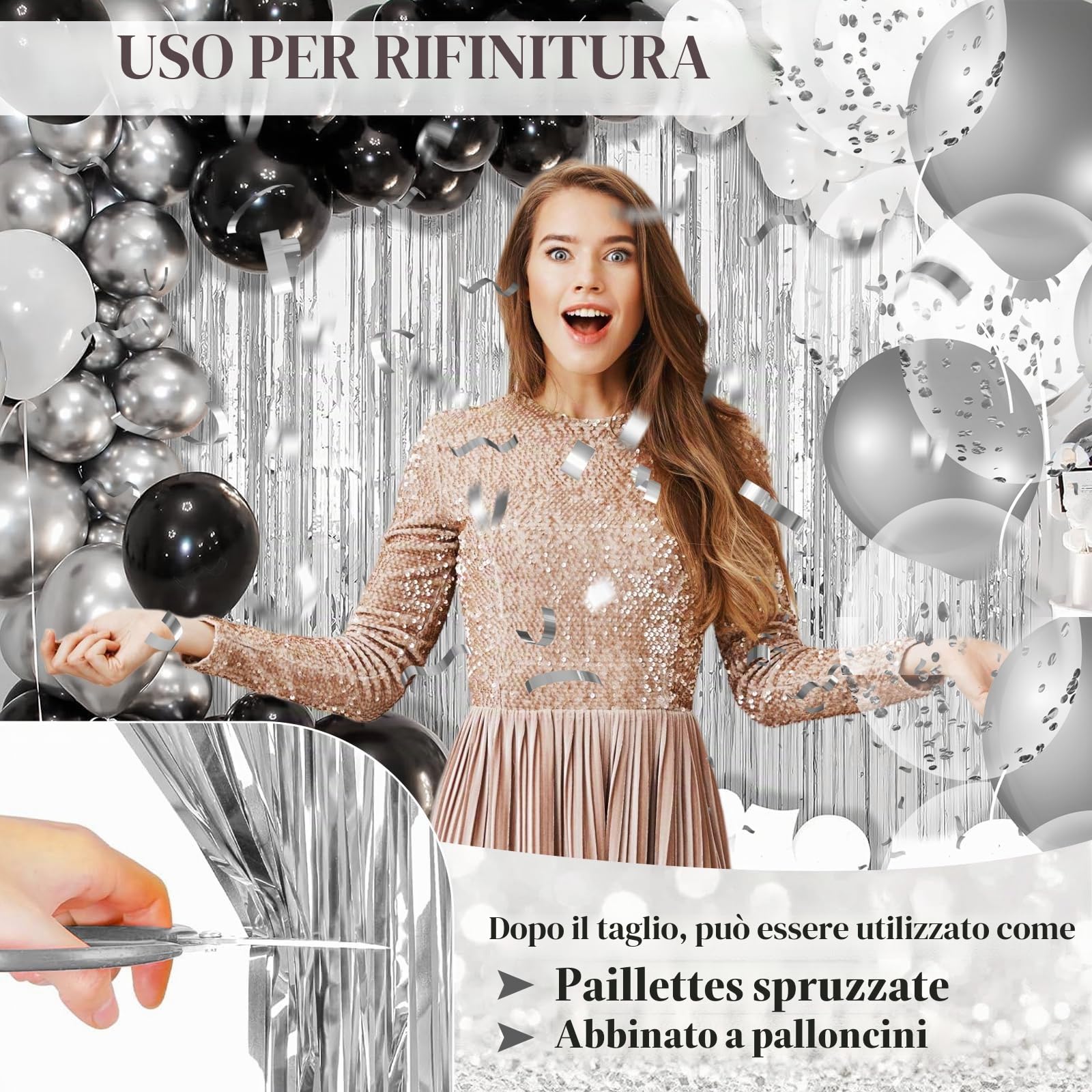 Quelcc Tenda Metallica Frange Argento 6 Pezzi 1x2 m