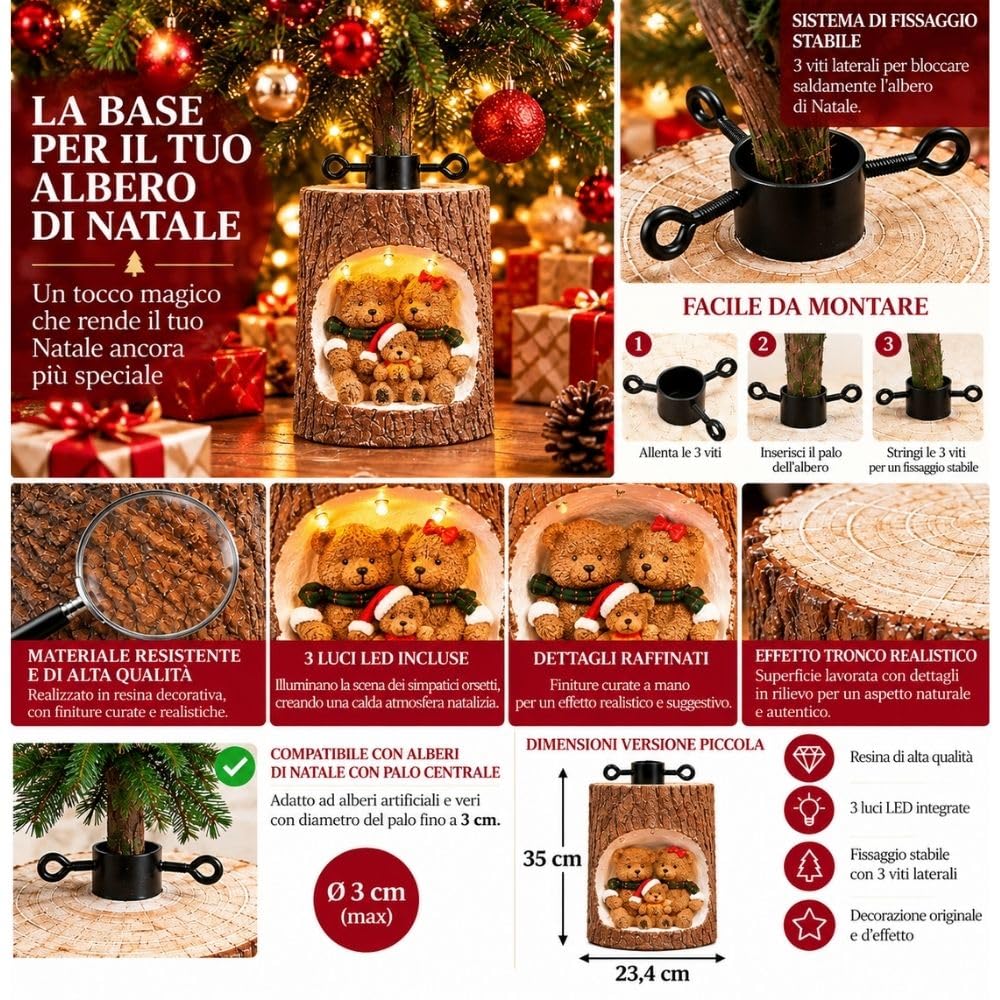 Cecaro Group Base Albero Tronco 35 cm Resina con LED Orsetti
