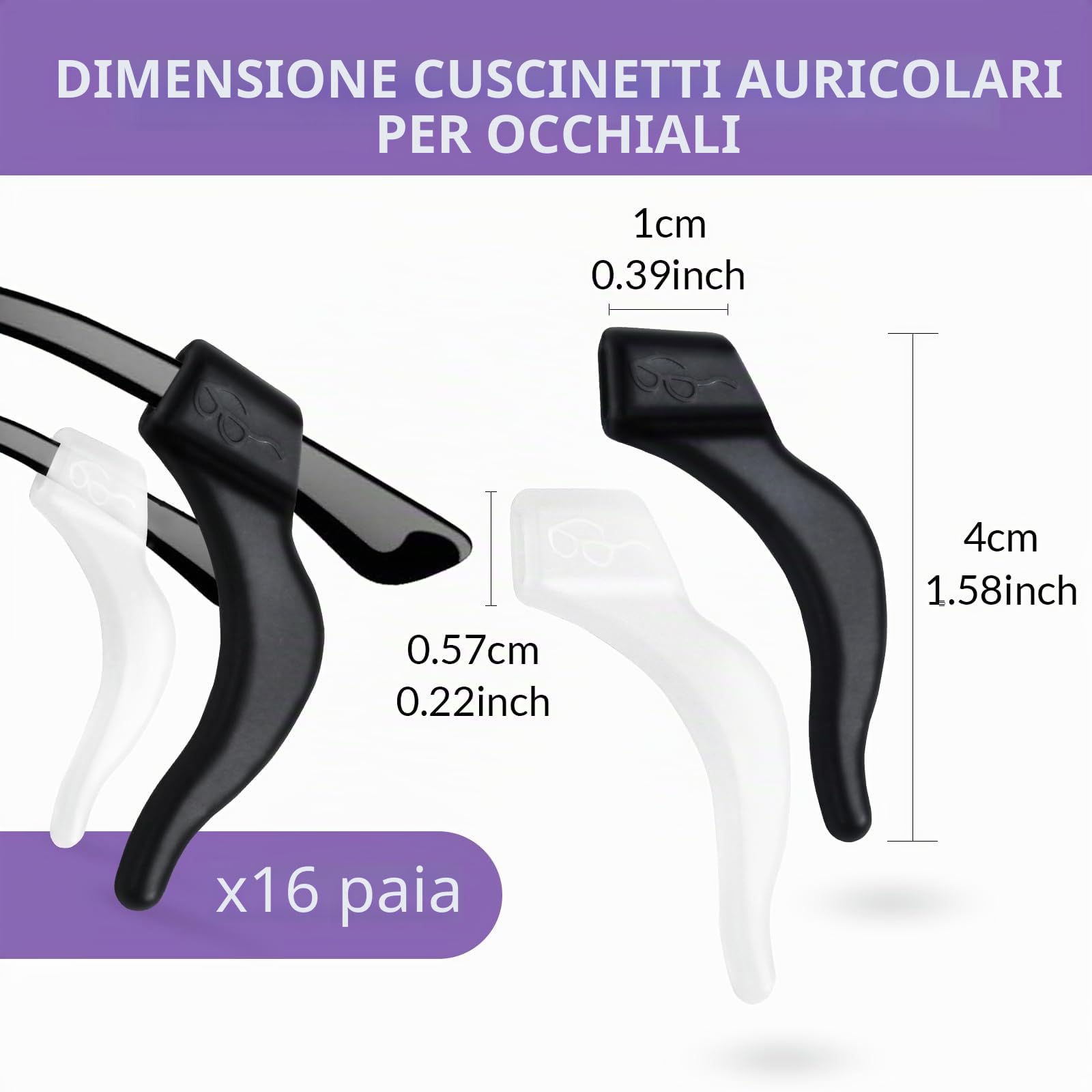 Quelcc ferma occhiali silicone 16 paia nero bianco antiscivolo