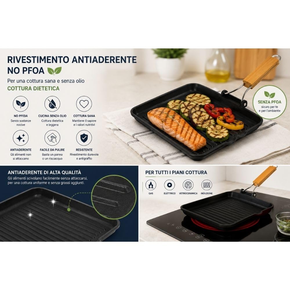 Cecaro Group Bistecchiera Antiaderente 24x24 cm Induzione Legno
