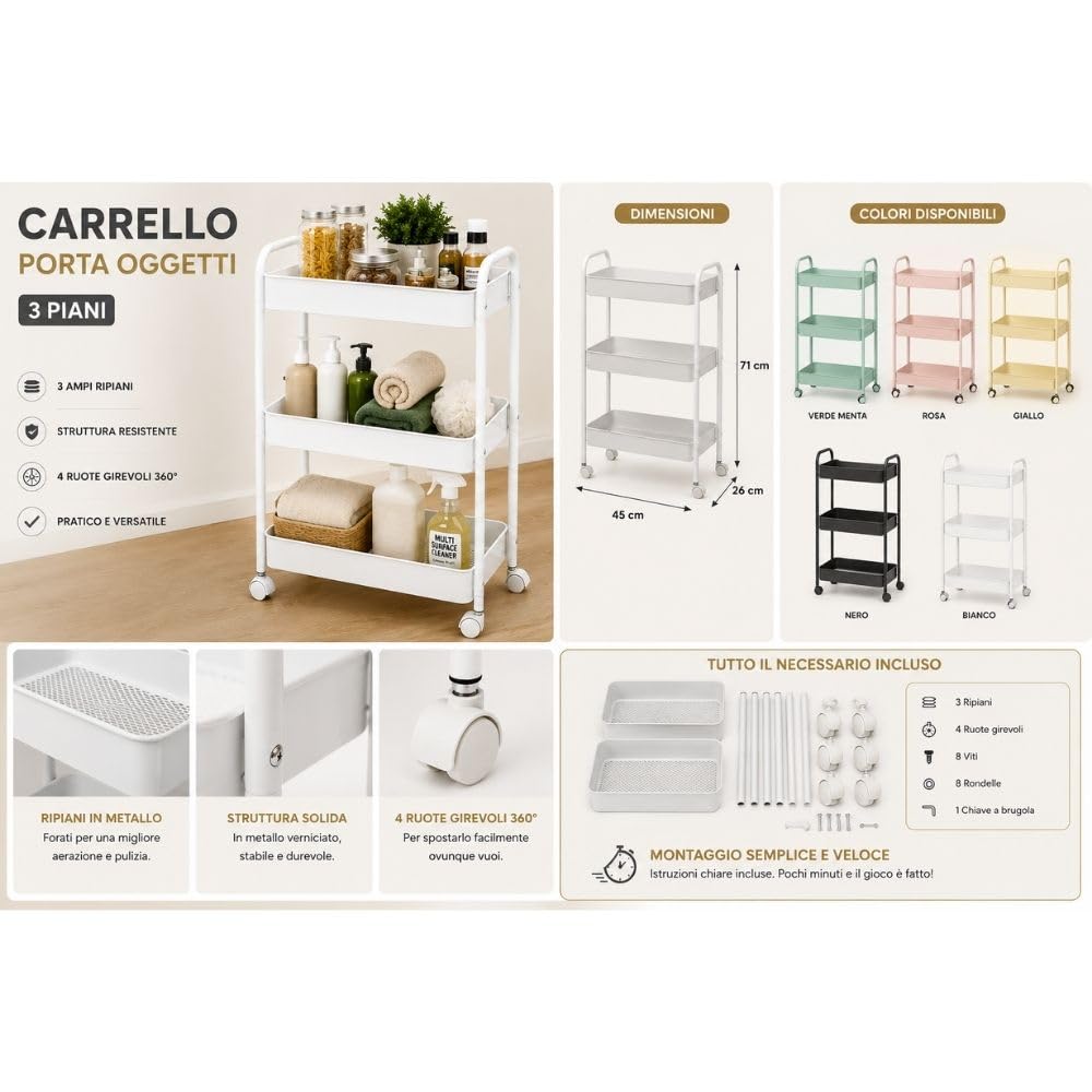 Cecaro Group Carrello 3 Ripiani Metallo Verde Salvia 45x30x78 cm