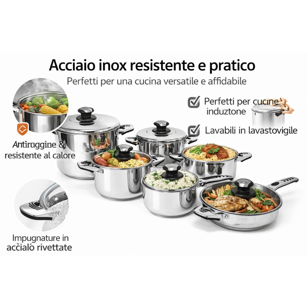 Cecaro Group Batteria Pentole 12 Pezzi Inox Induzione