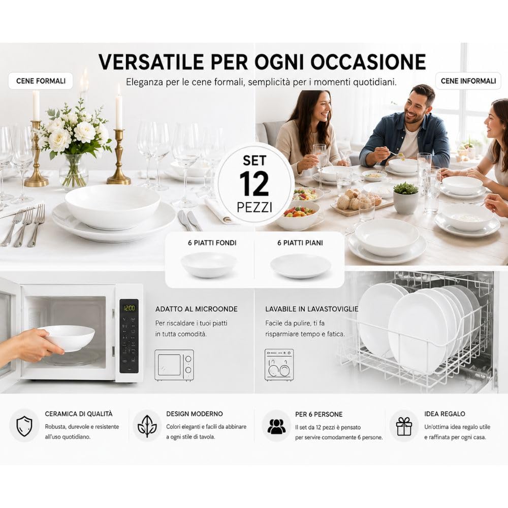 Cecaro Group servizio piatti ceramica 12 pezzi bianco 6 persone