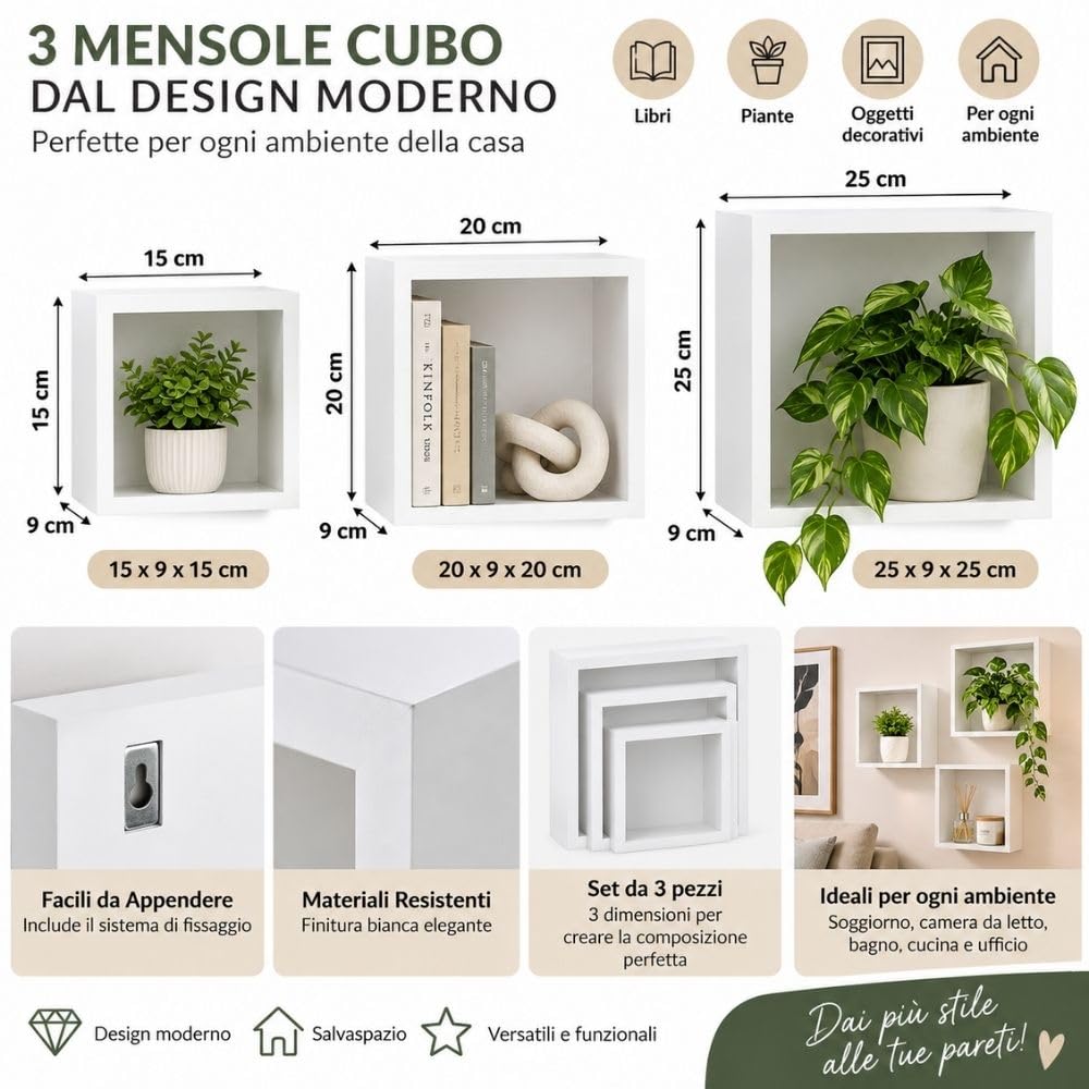 Cecaro Group set 3 mensole cubo bianche MDF decorative
