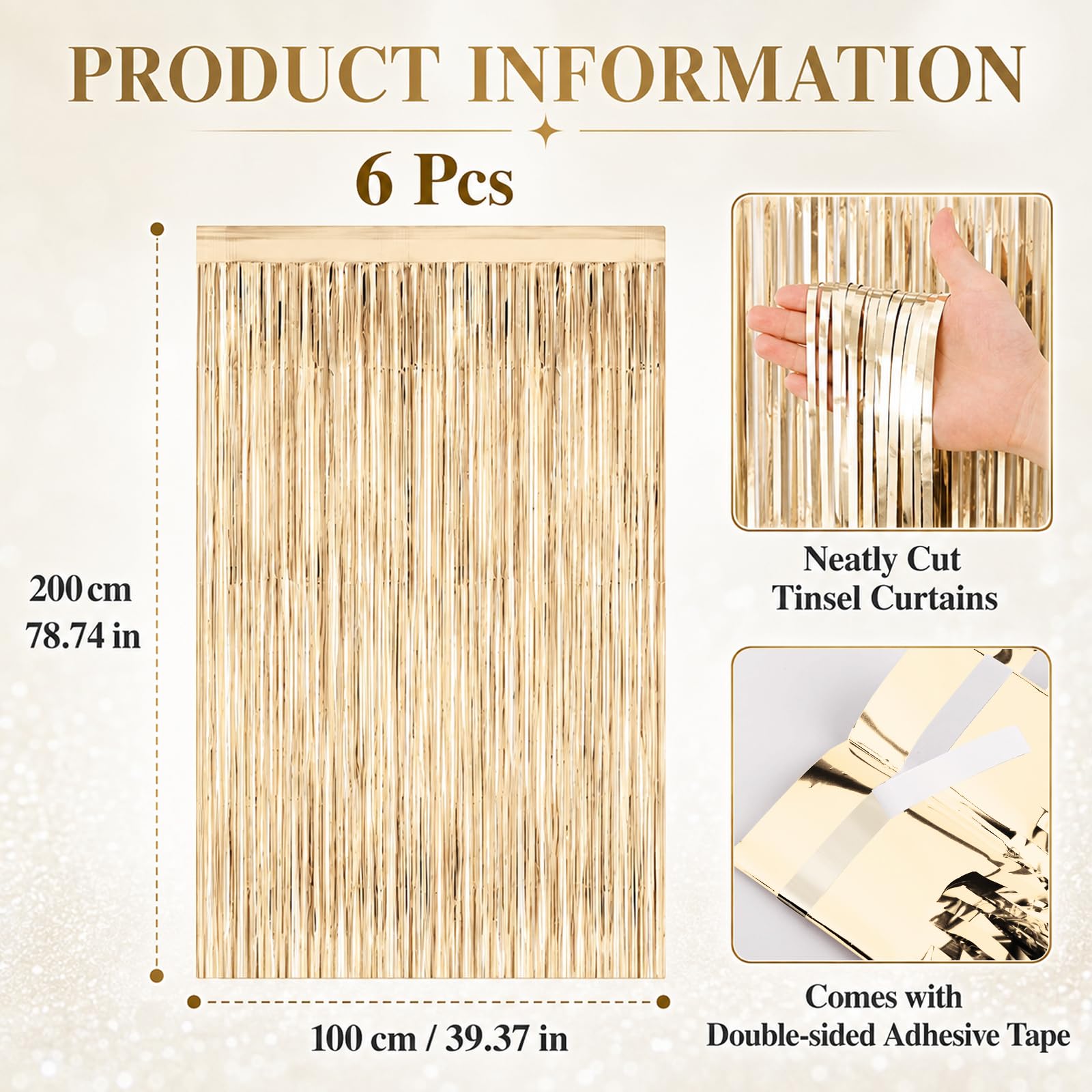 Quelcc Tende Metalliche Feste 1m x 2m Tenda Decorativa Oro Champagne 6 Pezzi