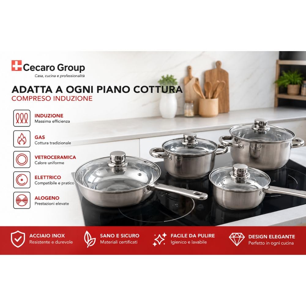 Cecaro Group Batteria Pentole 10 Pezzi Acciaio Inox Induzione
