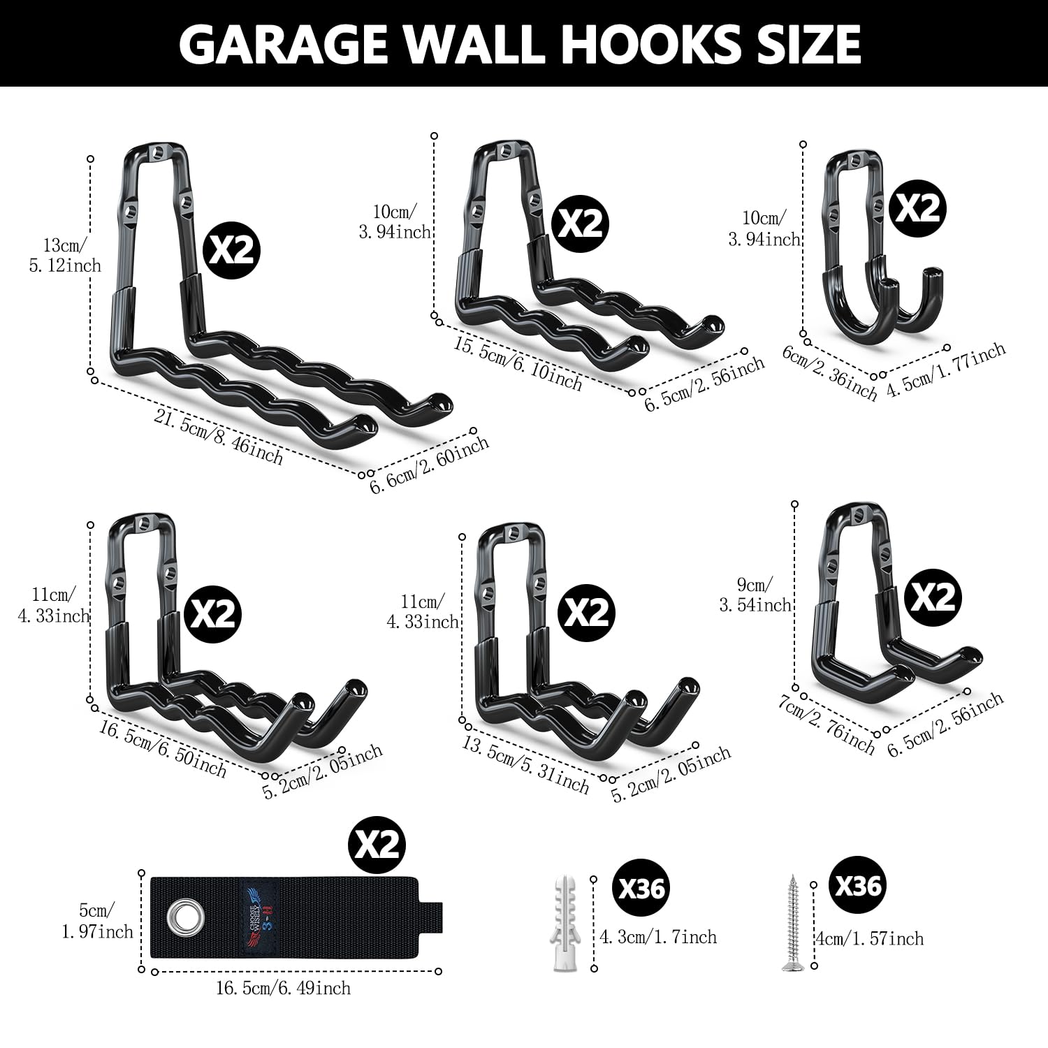 3-H ganci garage parete neri 14 pezzi portata 40 kg