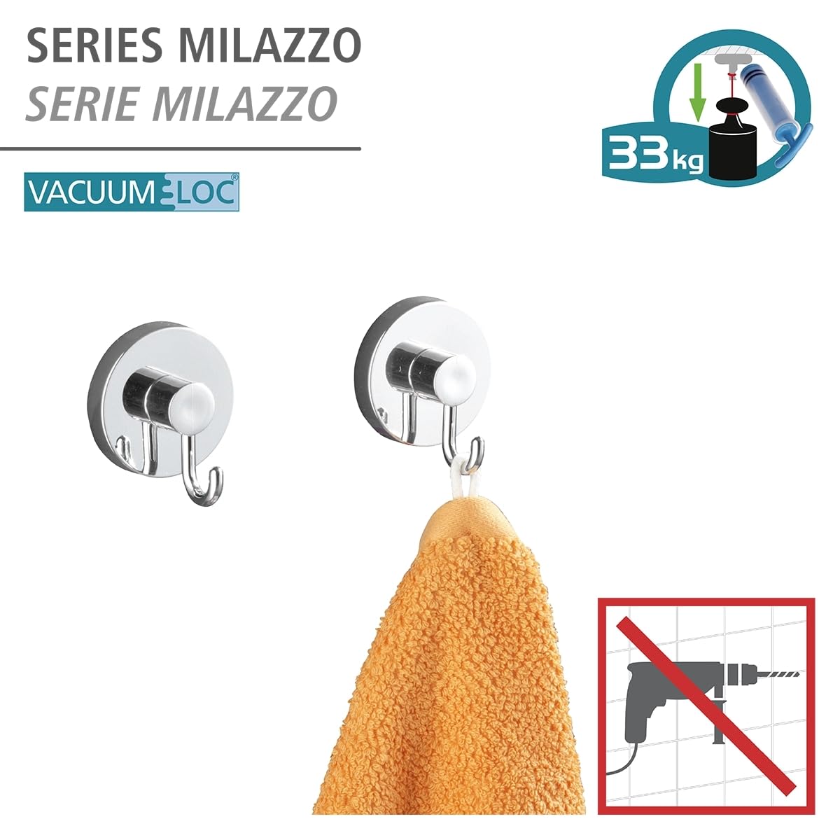Wenko Vacuum-Loc Gancio Cromo Set 2 Pezzi Senza Forare