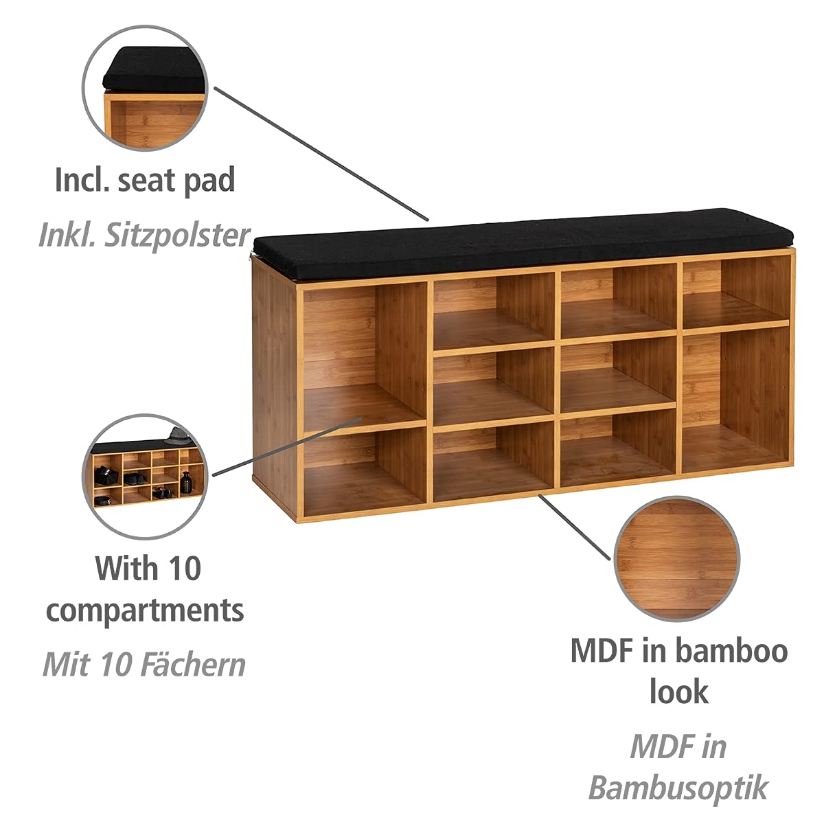 Wenko Loft Panca Scarpiera 10 Paia Nero Naturale