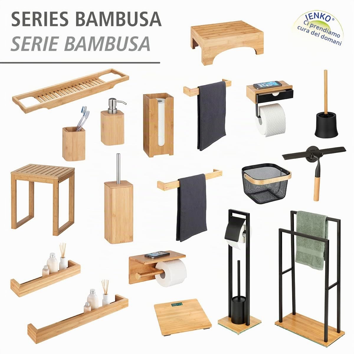 Wenko Bambusa Set WC Portascopino Nero Naturale Ø14x38 cm