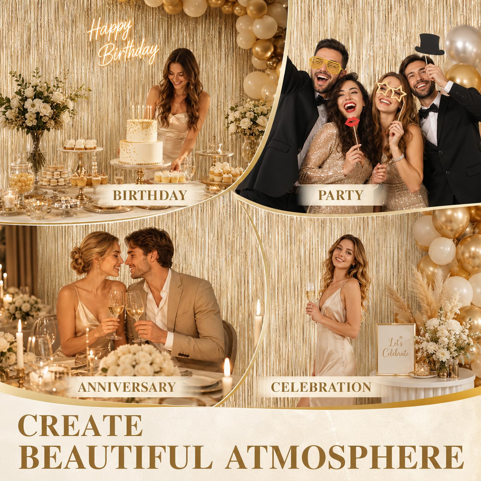 Quelcc Tende Metalliche Feste 1m x 2m Tenda Decorativa Oro Champagne 6 Pezzi