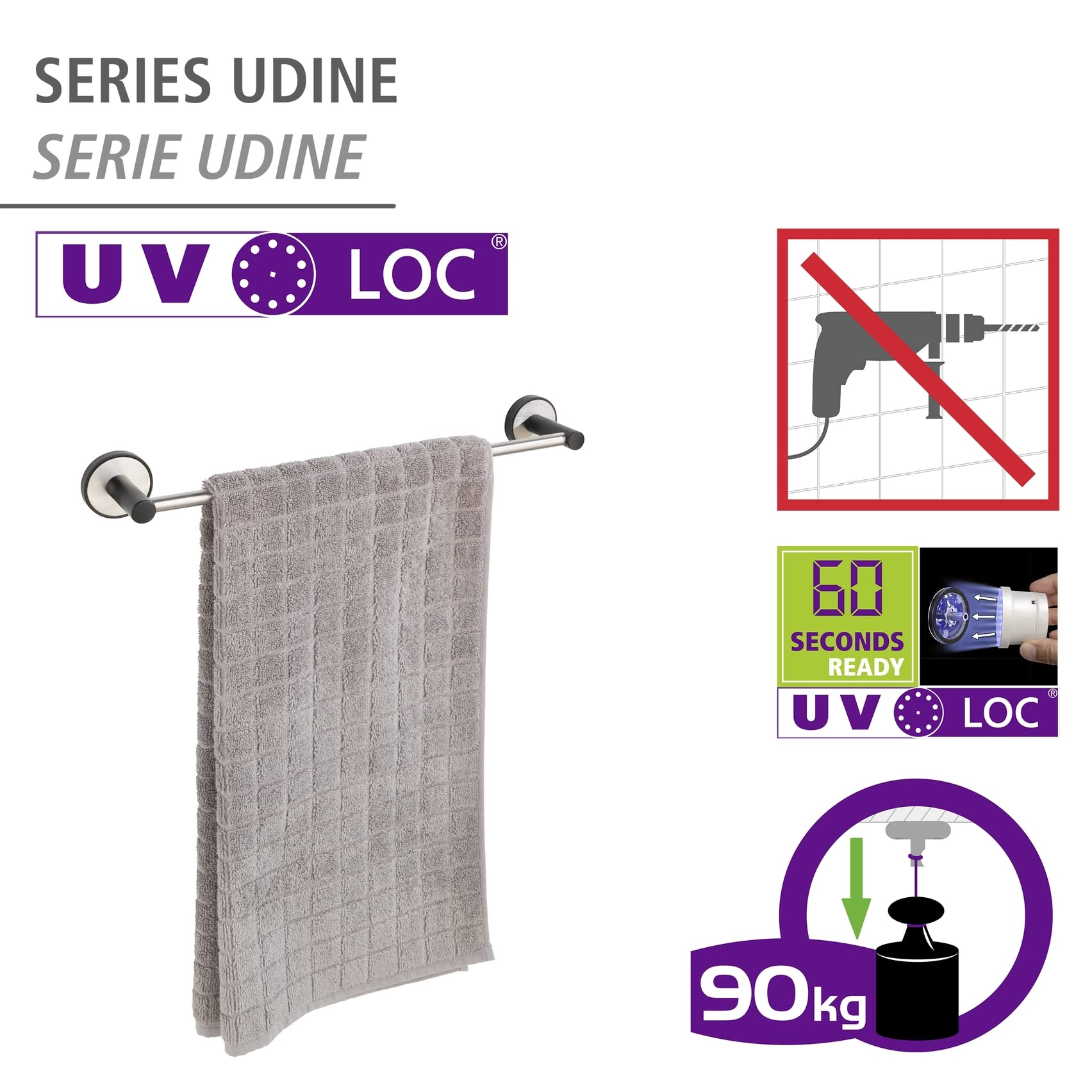 Wenko Udine Uno portasciugamani nero opaco 40,5 cm inox