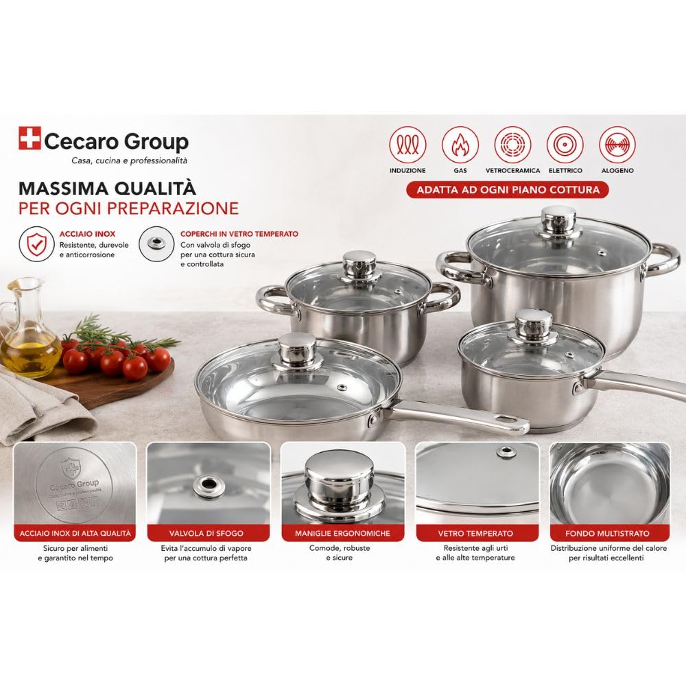 Cecaro Group Batteria Pentole 10 Pezzi Acciaio Inox Induzione