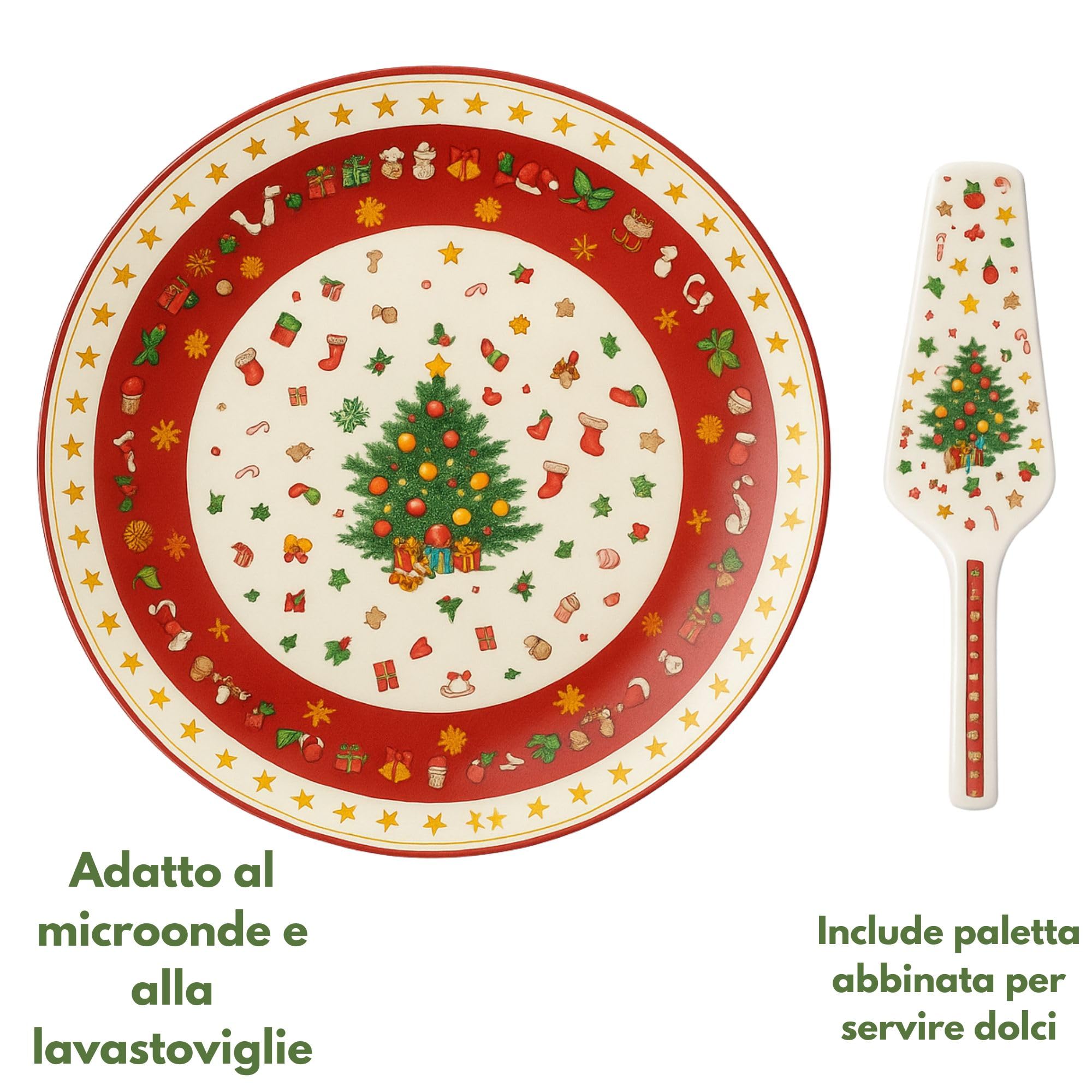 Cecaro piatto porta panettone ceramica natalizio con paletta