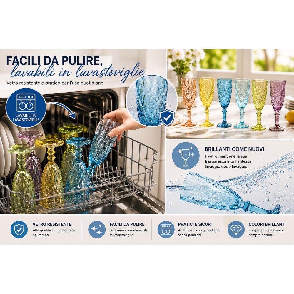Cecaro set 6 flute vetro colorato 170 ml diamante