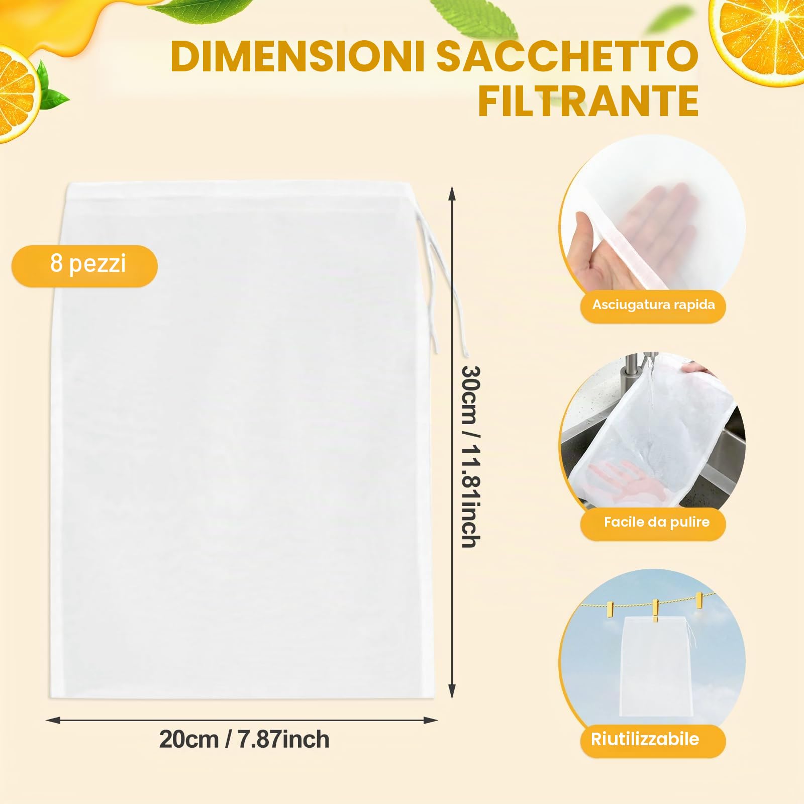 Quelcc panni filtranti nylon 20x30 cm set 8 pezzi lavabili