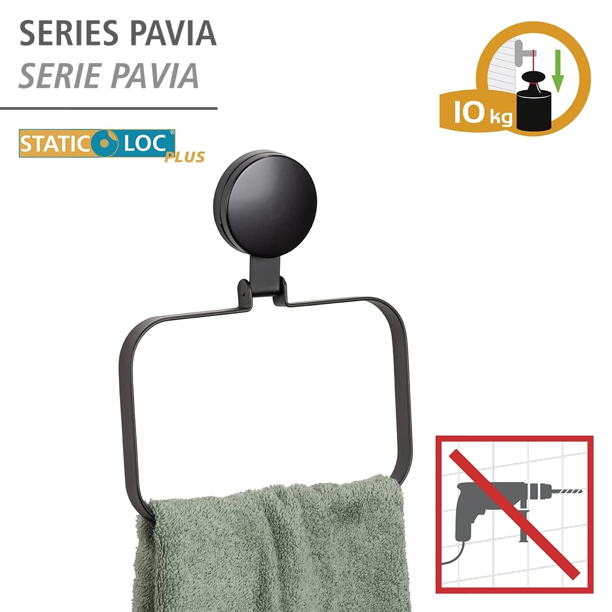 Wenko Pavia Static-Loc Plus portasciugamani ad anello nero senza forare