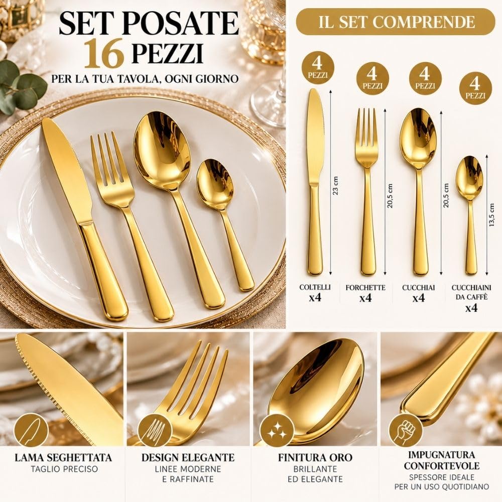 Cecaro Group Set Posate Oro 16 Pezzi Acciaio per 4 Persone