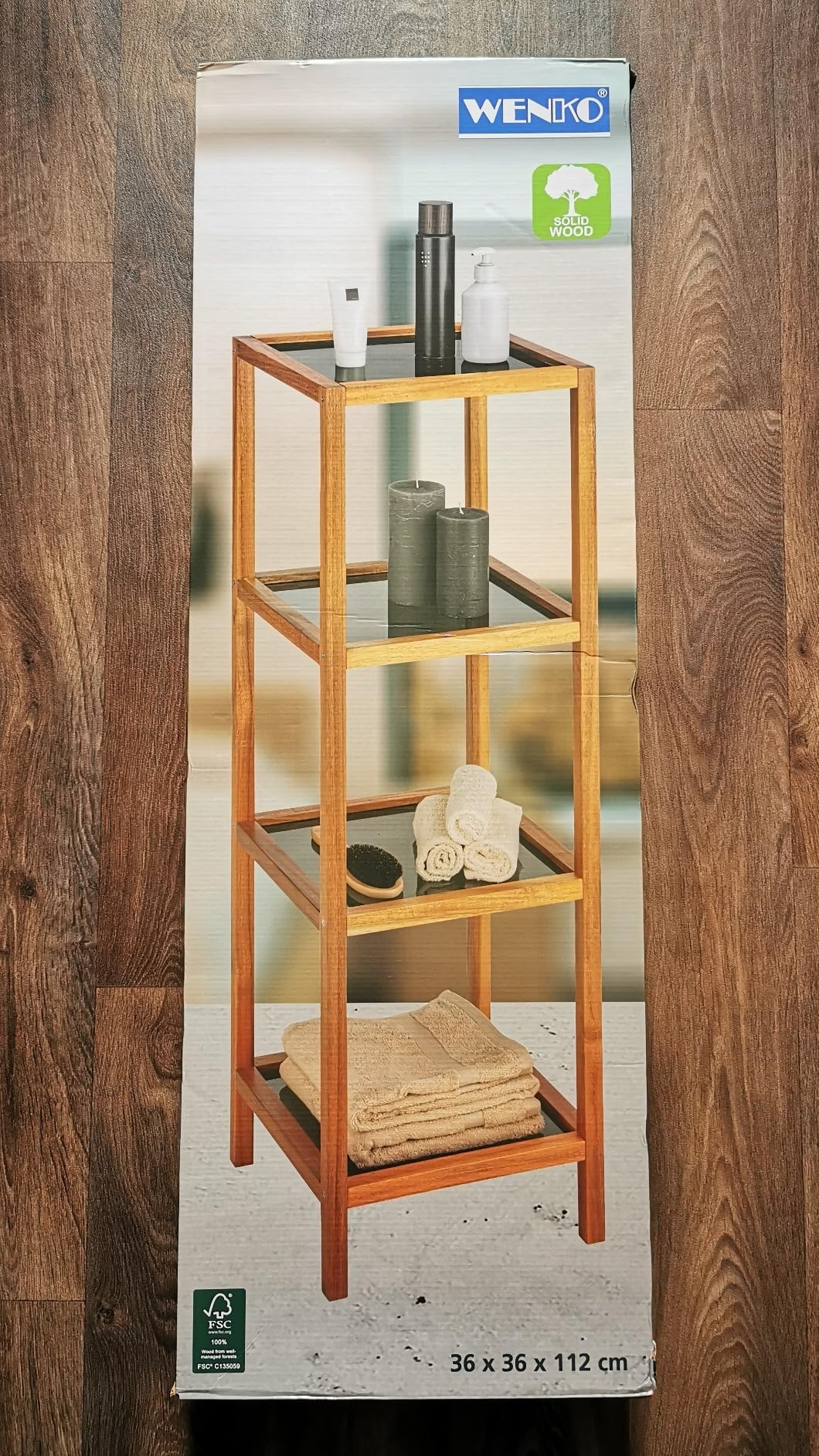 Wenko Fondi scaffale bagno 4 ripiani acacia vetro 36x112x36 cm