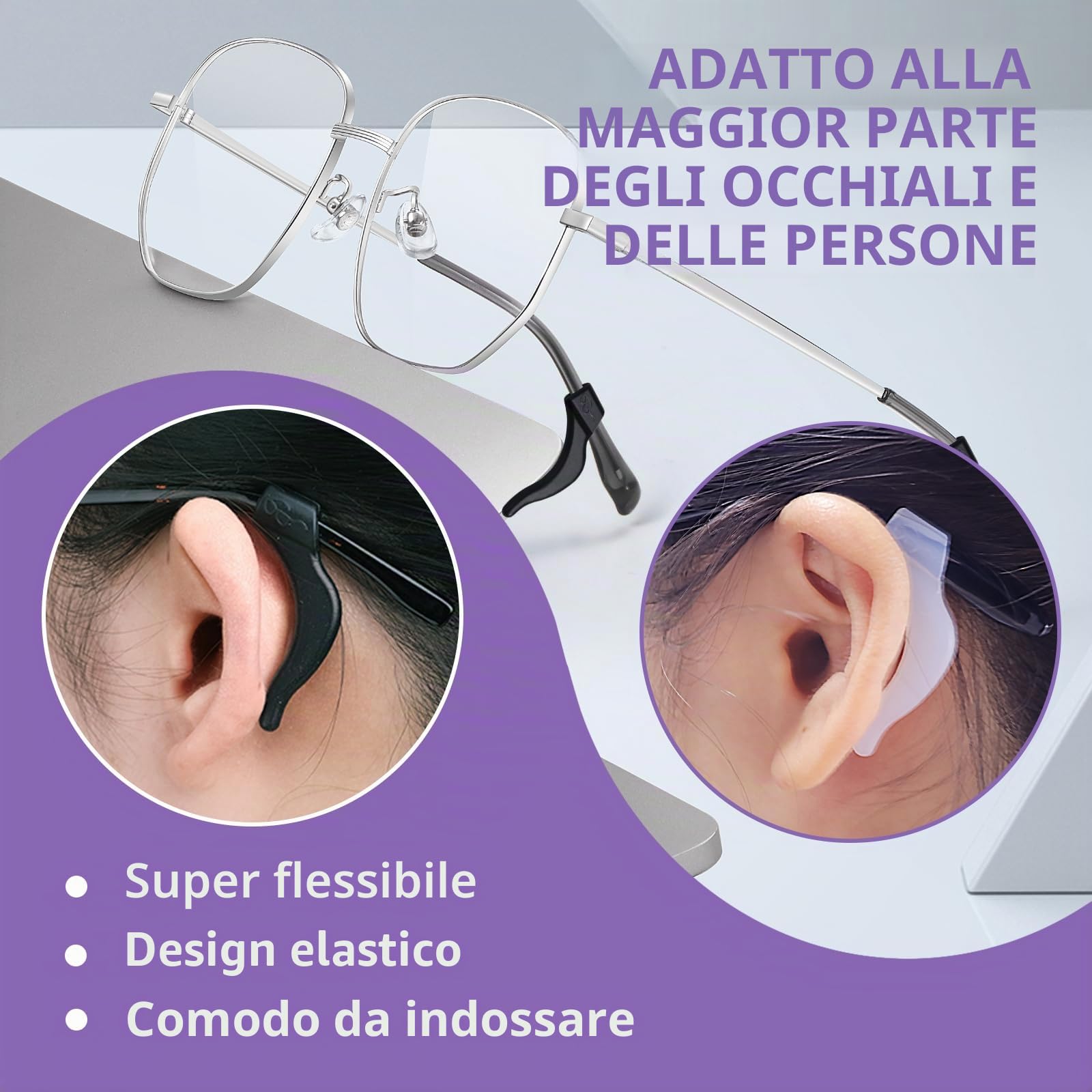 Quelcc ferma occhiali silicone 16 paia nero bianco antiscivolo
