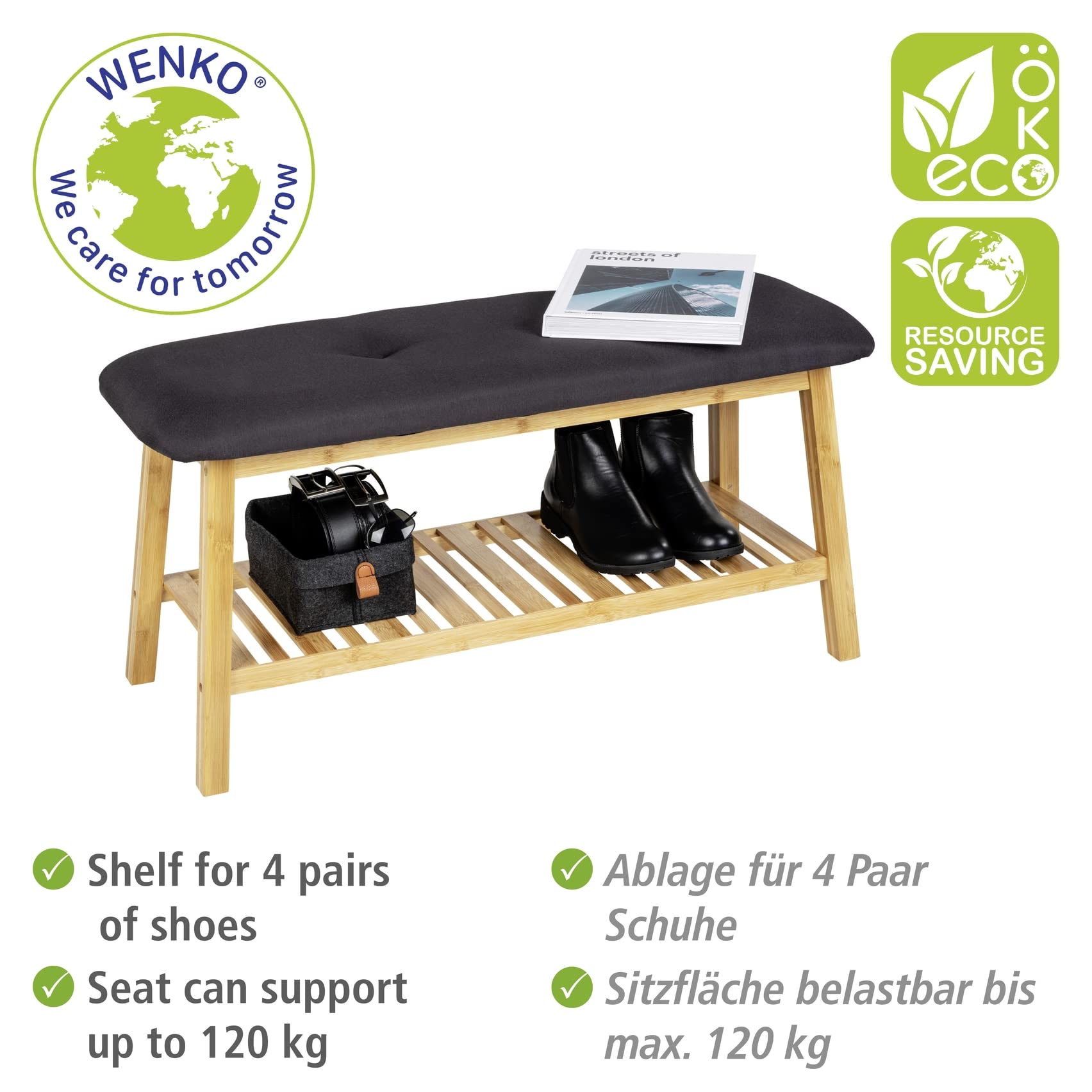 Wenko Ecori panca scarpiera bambù naturale nero 90 cm