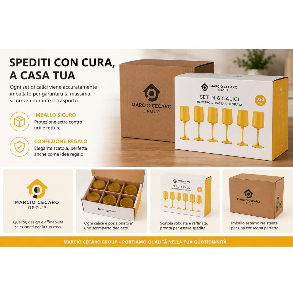 Cecaro Group Set 6 Calici Vetro Giallo 320 ml Pasta Vetro