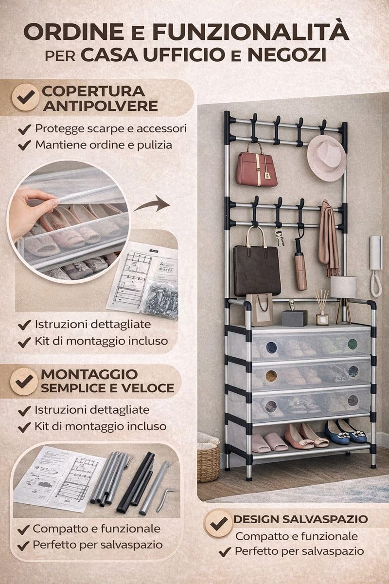 Cecaro Group Appendiabiti 8 Ganci con Scarpiera 77x35x168