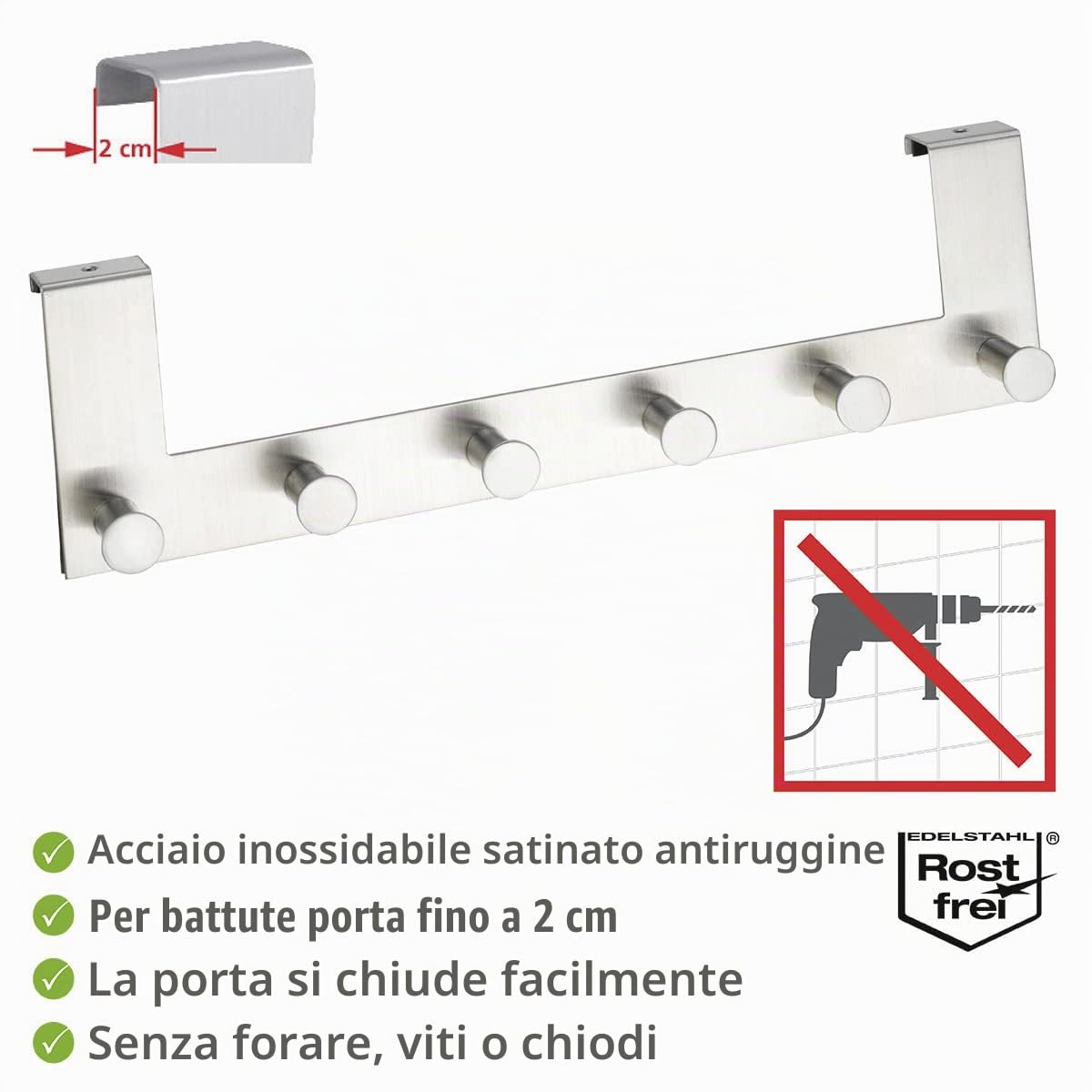 Wenko Celano attaccapanni da porta 6 ganci inox opaco
